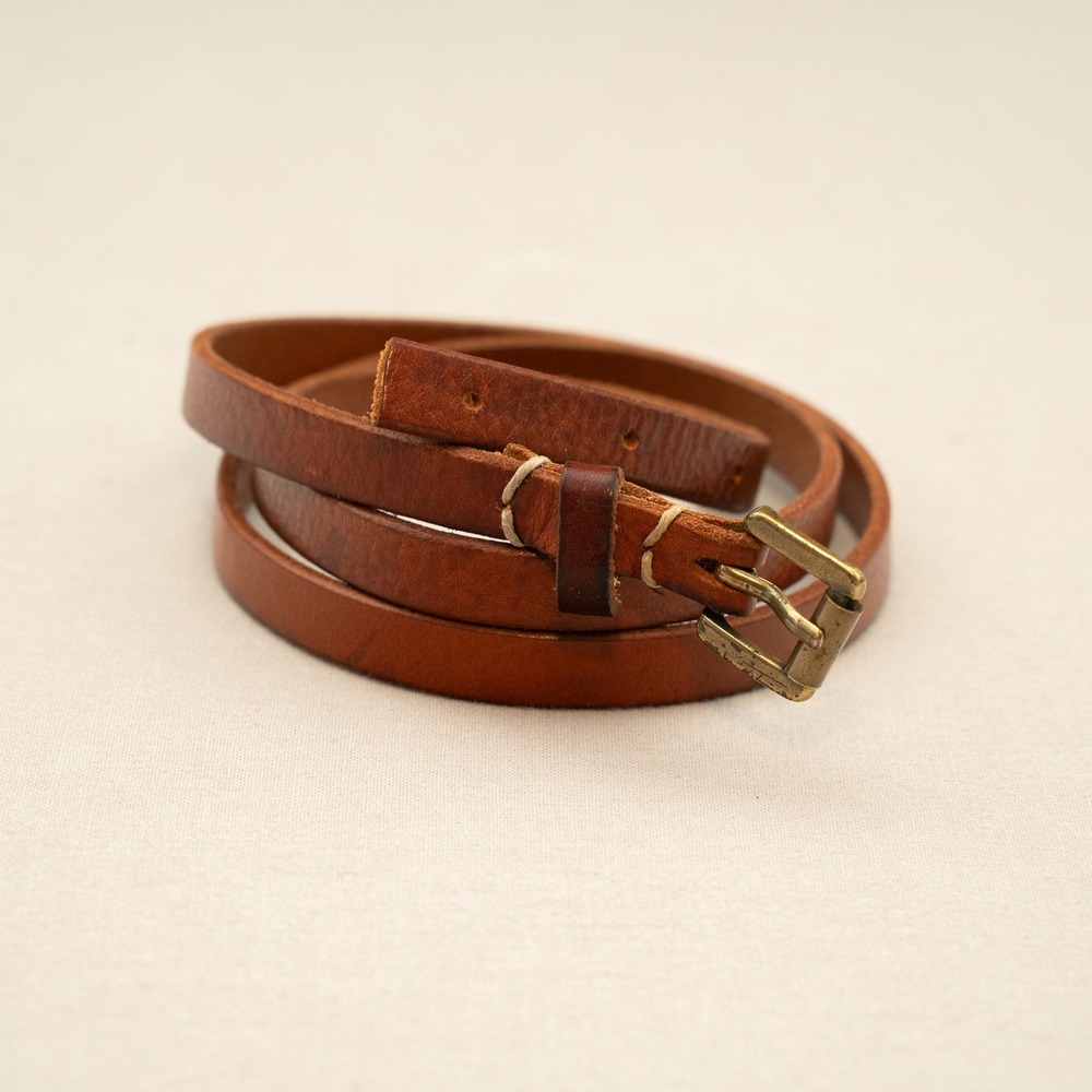 Vintage J Crew USA Made Genuine Italian Leather Brass Brown Belt Thin Preppy M